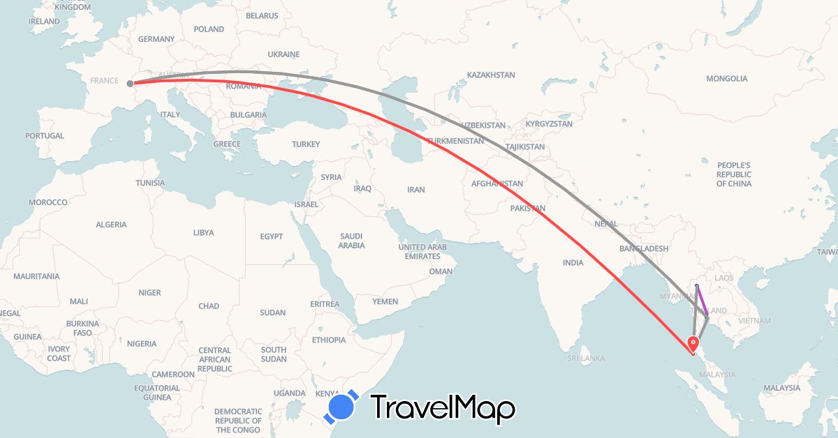 TravelMap itinerary: driving, bus, plane, train, hiking in Switzerland, Thailand (Asia, Europe)